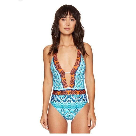 La Blanca All in the Mix Plunge Halter One-Piece Swimsuit S/M - Picture 1 of 7